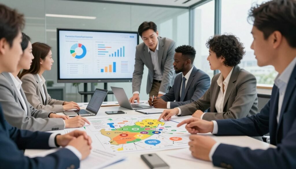 A diverse group of professionals, including men and women of various ethnicities, in smart business attire, engaged in a lively discussion around a large table filled with documents and laptops. In the foreground, a close-up of hands pointing at a colorful map of South Africa featuring icons representing government DFIs. The middle ground shows two individuals leaning forward, analyzing funding opportunities, with charts and graphs projected on a screen behind them. The background captures the interior of a modern conference room with large glass windows letting in bright, natural light. The mood is collaborative and dynamic, with a focus on empowerment and opportunity for small businesses. The angle is slightly elevated to capture the group’s interaction and the detailed elements of the workspace. A diverse group of professionals, including men and women of various ethnicities, in smart business attire, engaged in a lively discussion around a large table filled with documents and laptops. In the foreground, a close-up of hands pointing at a colorful map of South Africa featuring icons representing government DFIs. The middle ground shows two individuals leaning forward, analyzing funding opportunities, with charts and graphs projected on a screen behind them. The background captures the interior of a modern conference room with large glass windows letting in bright, natural light. The mood is collaborative and dynamic, with a focus on empowerment and opportunity for small businesses. The angle is slightly elevated to capture the group’s interaction and the detailed elements of the workspace.