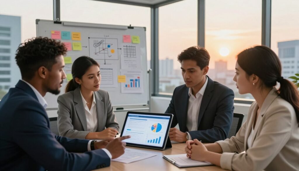 A dynamic business meeting scene set in a modern office in Nigeria. In the foreground, a diverse group of four professionals—two men and two women—are engaged in animated discussion over a large digital tablet displaying marketing analytics and sales charts. The men are dressed in smart business suits, while the women wear tailored blouses and blazers, emphasizing professionalism. In the middle ground, a whiteboard features colorful notes and diagrams illustrating a marketing strategy. The background shows a panoramic view of a bustling urban landscape with a sunset casting warm, soft lighting through large windows, creating an inspiring atmosphere. The overall mood is collaborative and innovative, reflecting the essence of developing a marketing and sales strategy. A dynamic business meeting scene set in a modern office in Nigeria. In the foreground, a diverse group of four professionals—two men and two women—are engaged in animated discussion over a large digital tablet displaying marketing analytics and sales charts. The men are dressed in smart business suits, while the women wear tailored blouses and blazers, emphasizing professionalism. In the middle ground, a whiteboard features colorful notes and diagrams illustrating a marketing strategy. The background shows a panoramic view of a bustling urban landscape with a sunset casting warm, soft lighting through large windows, creating an inspiring atmosphere. The overall mood is collaborative and innovative, reflecting the essence of developing a marketing and sales strategy.