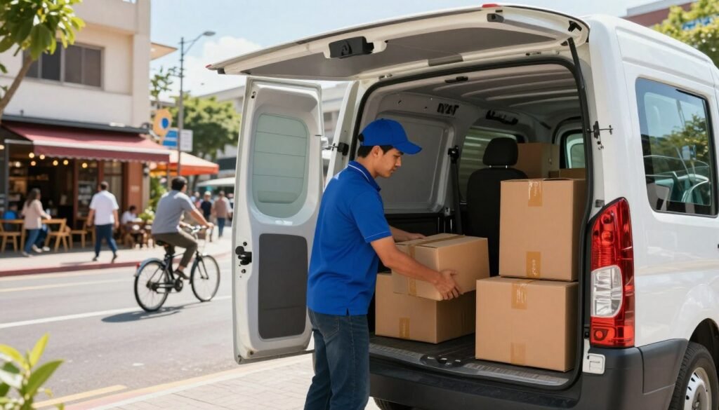 A dynamic last-mile delivery scene showcasing a Bosta Business delivery vehicle parked in an urban environment. In the foreground, a professional courier in a smart uniform is loading packages into the back of the vehicle, meticulously organized by size and destination. The middle ground features bustling city streets with pedestrians and cyclists, while small shops and cafes add vibrancy to the backdrop. Above, the sky is bright and clear, with soft sunlight illuminating the scene, creating a sense of efficiency and reliability. The angle captures the activity at eye-level, emphasizing the movement and urgency of e-commerce logistics. The mood is professional yet approachable, reflecting a modern, efficient approach to last-mile delivery solutions. A dynamic last-mile delivery scene showcasing a Bosta Business delivery vehicle parked in an urban environment. In the foreground, a professional courier in a smart uniform is loading packages into the back of the vehicle, meticulously organized by size and destination. The middle ground features bustling city streets with pedestrians and cyclists, while small shops and cafes add vibrancy to the backdrop. Above, the sky is bright and clear, with soft sunlight illuminating the scene, creating a sense of efficiency and reliability. The angle captures the activity at eye-level, emphasizing the movement and urgency of e-commerce logistics. The mood is professional yet approachable, reflecting a modern, efficient approach to last-mile delivery solutions.