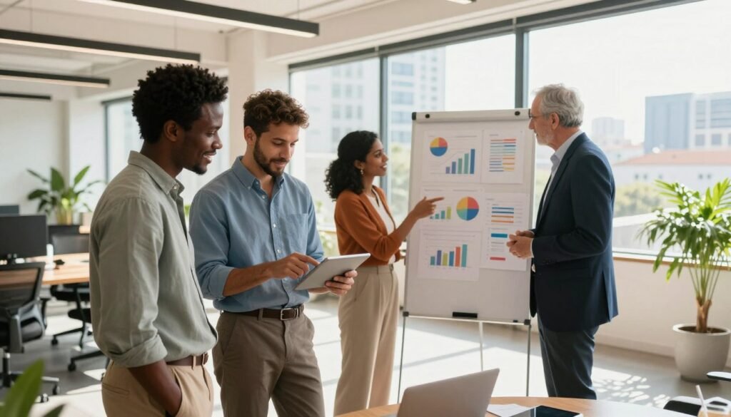 A dynamic scene depicting diverse types of business partners in South Africa, showcasing four professionals engaged in a collaborative discussion. In the foreground, two individuals in smart casual attire, one of African descent and the other of Caucasian descent, examine a digital tablet together, smiling and brainstorming ideas. In the middle ground, a woman of Indian descent is gesturing towards a whiteboard filled with colorful charts and graphs, while an elderly man of mixed heritage listens attentively, dressed in a crisp business suit. The background features a bright, modern office space with large windows letting in natural light, plants, and a vibrant city skyline visible outside. The atmosphere conveys teamwork, innovation, and diversity. The scene should be captured with a wide-angle lens to emphasize the open space and collaboration, with warm lighting to create an inviting mood. A dynamic scene depicting diverse types of business partners in South Africa, showcasing four professionals engaged in a collaborative discussion. In the foreground, two individuals in smart casual attire, one of African descent and the other of Caucasian descent, examine a digital tablet together, smiling and brainstorming ideas. In the middle ground, a woman of Indian descent is gesturing towards a whiteboard filled with colorful charts and graphs, while an elderly man of mixed heritage listens attentively, dressed in a crisp business suit. The background features a bright, modern office space with large windows letting in natural light, plants, and a vibrant city skyline visible outside. The atmosphere conveys teamwork, innovation, and diversity. The scene should be captured with a wide-angle lens to emphasize the open space and collaboration, with warm lighting to create an inviting mood.