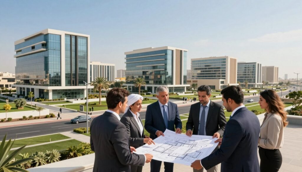 A dynamic scene showcasing a modern Egyptian business park, emphasizing leading real estate developers. In the foreground, a diverse group of professionals in business attire engages in animated discussions, analyzing architectural blueprints. The middle ground features sleek, contemporary office buildings with green spaces and innovative designs, reflecting Egypt’s architectural evolution. The background highlights a clear blue sky and palm trees, creating a vibrant atmosphere. Warm, natural lighting bathes the scene, enhancing the professionalism and energy of the moment. Capture the image from a slightly elevated angle to provide depth and a broader perspective of the developing landscape, evoking a sense of opportunity and growth in Egypt's real estate sector. A dynamic scene showcasing a modern Egyptian business park, emphasizing leading real estate developers. In the foreground, a diverse group of professionals in business attire engages in animated discussions, analyzing architectural blueprints. The middle ground features sleek, contemporary office buildings with green spaces and innovative designs, reflecting Egypt’s architectural evolution. The background highlights a clear blue sky and palm trees, creating a vibrant atmosphere. Warm, natural lighting bathes the scene, enhancing the professionalism and energy of the moment. Capture the image from a slightly elevated angle to provide depth and a broader perspective of the developing landscape, evoking a sense of opportunity and growth in Egypt's real estate sector.