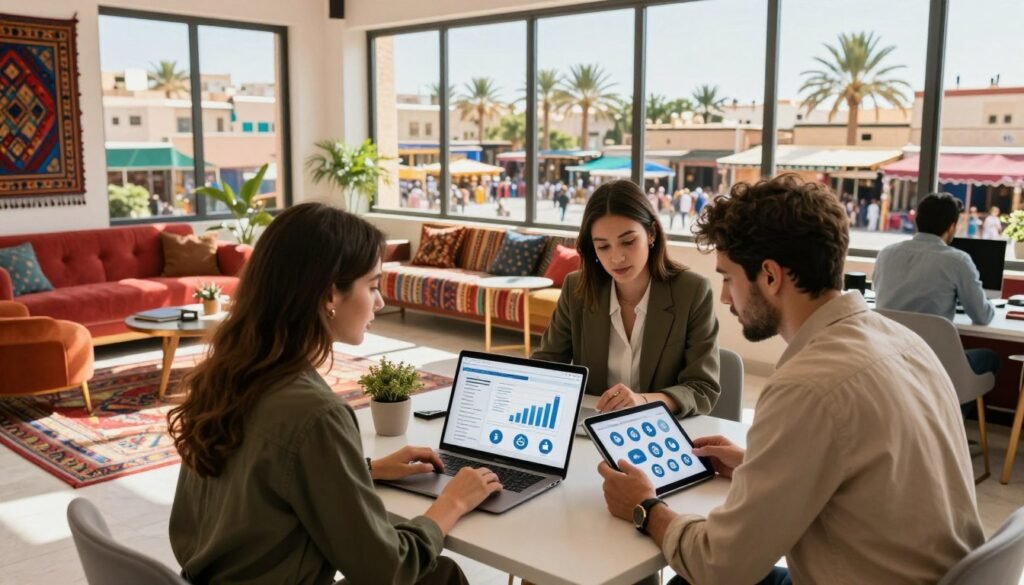A dynamic workspace set in a Moroccan city, showcasing social media management and digital marketing consulting. In the foreground, a diverse group of three professionals—two women and one man—dressed in smart casual clothing, collaborate around a laptop and digital tablet filled with graphs and social media icons. The middle ground features a modern office with vibrant Moroccan decor, including colorful rugs and contemporary furniture. In the background, a panoramic view of a bustling Moroccan market and palm trees under a sunny sky, symbolizing growth and opportunity. The scene is illuminated by warm, natural light coming through large windows, conveying an atmosphere of creativity and collaboration in a culturally rich environment. A dynamic workspace set in a Moroccan city, showcasing social media management and digital marketing consulting. In the foreground, a diverse group of three professionals—two women and one man—dressed in smart casual clothing, collaborate around a laptop and digital tablet filled with graphs and social media icons. The middle ground features a modern office with vibrant Moroccan decor, including colorful rugs and contemporary furniture. In the background, a panoramic view of a bustling Moroccan market and palm trees under a sunny sky, symbolizing growth and opportunity. The scene is illuminated by warm, natural light coming through large windows, conveying an atmosphere of creativity and collaboration in a culturally rich environment.