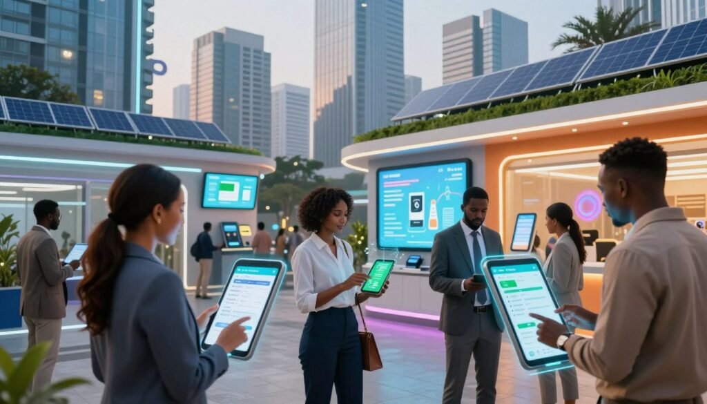 A futuristic cityscape of Nigeria, showcasing advanced digital payment technologies. In the foreground, a diverse group of professionals, including a woman in a smart blazer and a man in business casual attire, interact with sleek, holographic devices displaying payment interfaces. The middle ground features vibrant storefronts equipped with digital payment kiosks and advertising screens pulsating with animations of financial transactions. The skyline in the background boasts modern skyscrapers with solar panels and green roofs, symbolizing sustainability. Soft, ambient lighting enhances a sense of innovation and hope. The scene conveys a dynamic atmosphere of technological advancement and economic growth, encapsulating the future of digital payments in Nigeria. A futuristic cityscape of Nigeria, showcasing advanced digital payment technologies. In the foreground, a diverse group of professionals, including a woman in a smart blazer and a man in business casual attire, interact with sleek, holographic devices displaying payment interfaces. The middle ground features vibrant storefronts equipped with digital payment kiosks and advertising screens pulsating with animations of financial transactions. The skyline in the background boasts modern skyscrapers with solar panels and green roofs, symbolizing sustainability. Soft, ambient lighting enhances a sense of innovation and hope. The scene conveys a dynamic atmosphere of technological advancement and economic growth, encapsulating the future of digital payments in Nigeria.