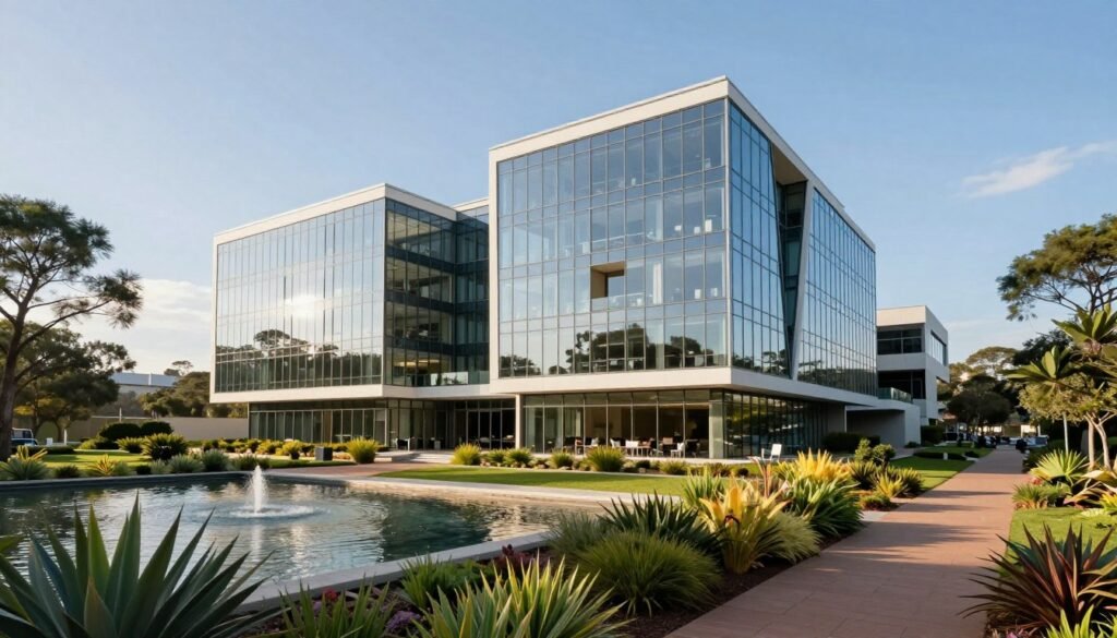 A modern architectural design office building set within Inanda Greens Business Park, showcasing sleek, glass-fronted facades reflecting the lush surroundings. In the foreground, a well-manicured landscape with native South African plants, a serene water feature, and walking paths. In the middle ground, the office building stands tall with innovative angular structures and integrated green spaces, emphasizing sustainability. The background features a clear blue sky with soft, diffused sunlight accentuating the building's transparency and elegance. The scene captures a vibrant, professional atmosphere, hinting at collaborative workspace areas. A lens angle highlighting the building's grandeur creates an inviting, dynamic feel, suitable for modern businesses and lifestyle amenities. A modern architectural design office building set within Inanda Greens Business Park, showcasing sleek, glass-fronted facades reflecting the lush surroundings. In the foreground, a well-manicured landscape with native South African plants, a serene water feature, and walking paths. In the middle ground, the office building stands tall with innovative angular structures and integrated green spaces, emphasizing sustainability. The background features a clear blue sky with soft, diffused sunlight accentuating the building's transparency and elegance. The scene captures a vibrant, professional atmosphere, hinting at collaborative workspace areas. A lens angle highlighting the building's grandeur creates an inviting, dynamic feel, suitable for modern businesses and lifestyle amenities.