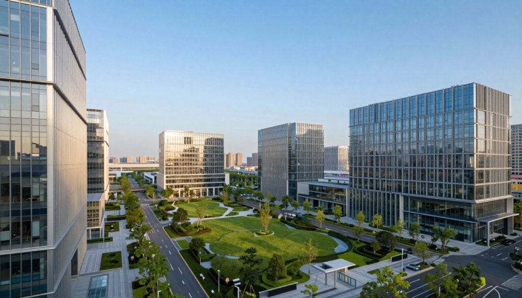 A modern business park featuring world-class facilities and infrastructure, showcasing sleek glass buildings with innovative architectural designs in the foreground. In the middle, spacious green areas blend seamlessly with cutting-edge office spaces and high-tech amenities, surrounded by well-maintained walkways and landscaped gardens. The background displays a clear blue sky with a hint of city skyline, symbolizing growth and opportunity. Warm, natural lighting illuminates the scene, creating an inviting atmosphere. The angle captures a wide perspective, emphasizing both the scale and the elegance of the development. The mood should convey professionalism, innovation, and a thriving business environment, without any human subjects or distracting elements like text or logos. A modern business park featuring world-class facilities and infrastructure, showcasing sleek glass buildings with innovative architectural designs in the foreground. In the middle, spacious green areas blend seamlessly with cutting-edge office spaces and high-tech amenities, surrounded by well-maintained walkways and landscaped gardens. The background displays a clear blue sky with a hint of city skyline, symbolizing growth and opportunity. Warm, natural lighting illuminates the scene, creating an inviting atmosphere. The angle captures a wide perspective, emphasizing both the scale and the elegance of the development. The mood should convey professionalism, innovation, and a thriving business environment, without any human subjects or distracting elements like text or logos.