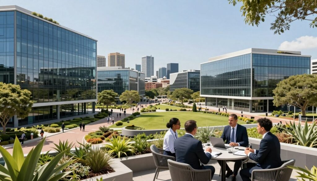 A modern business park in South Africa, showcasing prime office buildings with sleek glass façades and manicured gardens. In the foreground, professional individuals in business attire engage in discussions near a contemporary outdoor seating area. The middle ground features spacious office complexes, surrounded by lush greenery and walking paths, with bright yet soft natural lighting illuminating the scene. In the background, the skyline of a vibrant city is visible, with a clear blue sky enhancing the overall atmosphere. Capture the essence of a productive work environment that blends nature and innovation, using a wide-angle lens to emphasize the depth and scale of the business park. The mood is professional, inviting, and inspiring, perfect for a thriving business community. A modern business park in South Africa, showcasing prime office buildings with sleek glass façades and manicured gardens. In the foreground, professional individuals in business attire engage in discussions near a contemporary outdoor seating area. The middle ground features spacious office complexes, surrounded by lush greenery and walking paths, with bright yet soft natural lighting illuminating the scene. In the background, the skyline of a vibrant city is visible, with a clear blue sky enhancing the overall atmosphere. Capture the essence of a productive work environment that blends nature and innovation, using a wide-angle lens to emphasize the depth and scale of the business park. The mood is professional, inviting, and inspiring, perfect for a thriving business community.
