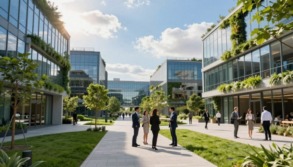 A modern business park in a polygonal architectural style, featuring sleek glass buildings and green spaces. In the foreground, a paved pathway lined with small trees leads to the entrances of contemporary office buildings, each adorned with foliage for an eco-friendly touch. The middle ground showcases professionals in business attire engaging in conversations, exuding a sense of collaboration and innovation. In the background, a clear blue sky with soft clouds allows warm sunlight to illuminate the scene, creating an inviting atmosphere. The camera angle is slightly elevated, providing a comprehensive view of the park's layout. The overall mood is vibrant and optimistic, embodying a forward-thinking business environment, ideal for fostering growth and creativity. A modern business park in a polygonal architectural style, featuring sleek glass buildings and green spaces. In the foreground, a paved pathway lined with small trees leads to the entrances of contemporary office buildings, each adorned with foliage for an eco-friendly touch. The middle ground showcases professionals in business attire engaging in conversations, exuding a sense of collaboration and innovation. In the background, a clear blue sky with soft clouds allows warm sunlight to illuminate the scene, creating an inviting atmosphere. The camera angle is slightly elevated, providing a comprehensive view of the park's layout. The overall mood is vibrant and optimistic, embodying a forward-thinking business environment, ideal for fostering growth and creativity.