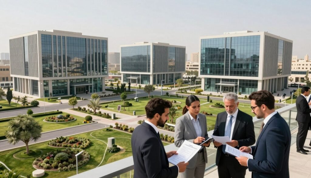 A modern business park in an industrial setting, featuring sleek, contemporary buildings designed for commercial use. In the foreground, a group of professionals in business attire engages in a discussion, reviewing documents and digital devices to illustrate competitive pricing and payment plans. The middle ground showcases well-maintained landscapes, with greenery and pathways that lead to the business entrances. The background displays a skyline view of Cairo, emphasizing the park’s location in Egypt. Bright, natural lighting bathes the scene, creating an inviting atmosphere. Use a wide-angle lens to capture the expansive view, with a focus on the human interaction to highlight collaboration and business opportunities. A modern business park in an industrial setting, featuring sleek, contemporary buildings designed for commercial use. In the foreground, a group of professionals in business attire engages in a discussion, reviewing documents and digital devices to illustrate competitive pricing and payment plans. The middle ground showcases well-maintained landscapes, with greenery and pathways that lead to the business entrances. The background displays a skyline view of Cairo, emphasizing the park’s location in Egypt. Bright, natural lighting bathes the scene, creating an inviting atmosphere. Use a wide-angle lens to capture the expansive view, with a focus on the human interaction to highlight collaboration and business opportunities.