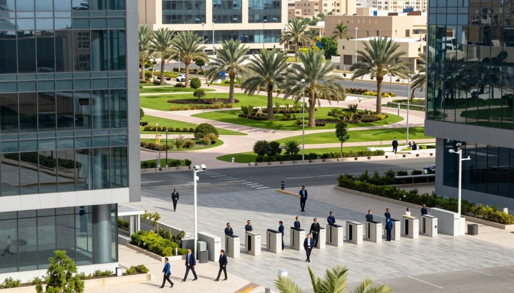 A modern business park set in Egypt, showcasing world-class infrastructure and security standards. In the foreground, sleek, glass-covered office buildings reflect sunlight, with professional individuals in business attire walking confidently. The middle ground features smart surveillance systems, like discreet cameras and security checkpoints with friendly security personnel monitoring activity. The background displays lush landscaping with palm trees and well-maintained walkways, emphasizing a harmonious blend of nature and technology. The scene is infused with bright, natural lighting, creating a welcoming atmosphere, and an aerial perspective that highlights the well-organized layout of the park, demonstrating efficiency and safety. Overall, the image conveys a sense of innovation and professionalism critical to a modern business environment. A modern business park set in Egypt, showcasing world-class infrastructure and security standards. In the foreground, sleek, glass-covered office buildings reflect sunlight, with professional individuals in business attire walking confidently. The middle ground features smart surveillance systems, like discreet cameras and security checkpoints with friendly security personnel monitoring activity. The background displays lush landscaping with palm trees and well-maintained walkways, emphasizing a harmonious blend of nature and technology. The scene is infused with bright, natural lighting, creating a welcoming atmosphere, and an aerial perspective that highlights the well-organized layout of the park, demonstrating efficiency and safety. Overall, the image conveys a sense of innovation and professionalism critical to a modern business environment.
