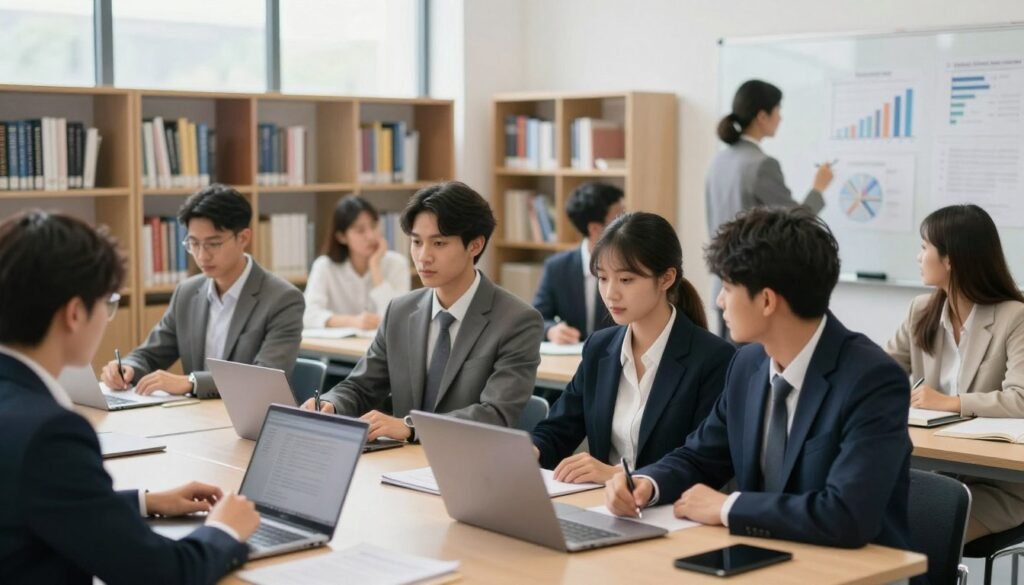A modern classroom filled with students engaged in learning about business administration. In the foreground, a diverse group of students in professional attire, such as tailored suits and smart blouses, are sitting at desks with laptops open, taking notes and actively participating in a discussion led by an instructor at a whiteboard covered with graphs and charts. The middle ground showcases shelves filled with books on finance, marketing, and entrepreneurship. In the background, large windows allow ample natural light to flood the room, creating a bright and inspiring atmosphere. The overall mood is focused and collaborative, emphasizing the importance of business education. The image is captured with a slight depth-of-field effect to highlight the students while keeping the background softly blurred, resembling the style of a professional educational photograph. A modern classroom filled with students engaged in learning about business administration. In the foreground, a diverse group of students in professional attire, such as tailored suits and smart blouses, are sitting at desks with laptops open, taking notes and actively participating in a discussion led by an instructor at a whiteboard covered with graphs and charts. The middle ground showcases shelves filled with books on finance, marketing, and entrepreneurship. In the background, large windows allow ample natural light to flood the room, creating a bright and inspiring atmosphere. The overall mood is focused and collaborative, emphasizing the importance of business education. The image is captured with a slight depth-of-field effect to highlight the students while keeping the background softly blurred, resembling the style of a professional educational photograph.