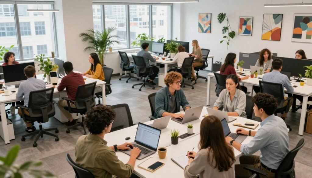 A modern collaborative office space designed for startups, showcasing a vibrant atmosphere of innovation and teamwork. In the foreground, a diverse group of professionals in smart casual attire engages in dynamic discussions around a large shared table filled with laptops, notebooks, and coffee mugs. In the middle, sleek workstations with plants and art on the walls promote creativity, while standing desks encourage movement. In the background, large windows flood the area with natural light, revealing a panoramic view of a bustling cityscape. The image is captured from a slightly elevated angle to emphasize the open layout and collaborative energy, creating a sense of motivation and productivity that embodies startup culture. The overall mood is inspiring and energetic, reflecting the potential for growth and success. A modern collaborative office space designed for startups, showcasing a vibrant atmosphere of innovation and teamwork. In the foreground, a diverse group of professionals in smart casual attire engages in dynamic discussions around a large shared table filled with laptops, notebooks, and coffee mugs. In the middle, sleek workstations with plants and art on the walls promote creativity, while standing desks encourage movement. In the background, large windows flood the area with natural light, revealing a panoramic view of a bustling cityscape. The image is captured from a slightly elevated angle to emphasize the open layout and collaborative energy, creating a sense of motivation and productivity that embodies startup culture. The overall mood is inspiring and energetic, reflecting the potential for growth and success.