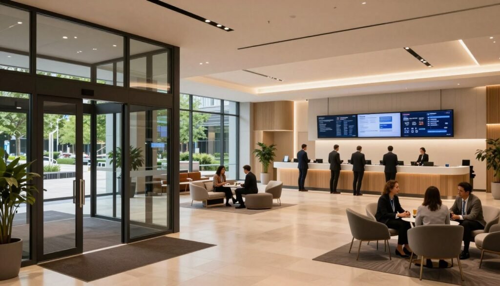 A modern conference center set in the vibrant Hyde Park Business District, showcasing key facilities and amenities. In the foreground, a sleek, glass entrance with sliding doors welcomes attendees. The middle ground features an open, spacious lobby filled with contemporary furniture, a registration desk, and digital screens displaying event schedules. Soft, ambient lighting highlights the welcoming atmosphere. In the background, large windows reveal a view of a landscaped plaza with greenery and seating areas. A few professionals in smart business attire engage in discussions, emphasizing an active business environment. The overall mood is professional and inviting, captured with a wide-angle lens to enhance the space's openness and accessibility. The lighting should feel warm and inviting, suggesting a hub of collaboration and innovation. A modern conference center set in the vibrant Hyde Park Business District, showcasing key facilities and amenities. In the foreground, a sleek, glass entrance with sliding doors welcomes attendees. The middle ground features an open, spacious lobby filled with contemporary furniture, a registration desk, and digital screens displaying event schedules. Soft, ambient lighting highlights the welcoming atmosphere. In the background, large windows reveal a view of a landscaped plaza with greenery and seating areas. A few professionals in smart business attire engage in discussions, emphasizing an active business environment. The overall mood is professional and inviting, captured with a wide-angle lens to enhance the space's openness and accessibility. The lighting should feel warm and inviting, suggesting a hub of collaboration and innovation.