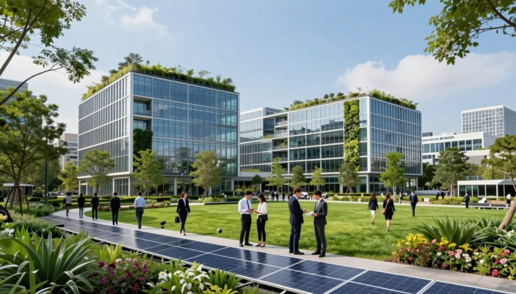 A modern office building showcasing sustainable design, nestled within a vibrant urban landscape. In the foreground, a lush green park with solar panels integrated into walkways, surrounded by flowering plants and trees. The middle ground features a sleek glass structure with green roofs and vertical gardens, highlighting innovative architecture. In the background, a clear blue sky with soft, natural lighting enhances the scene. People in professional business attire are collaborating in the park, promoting community interaction in a sustainable setting. The overall atmosphere conveys a sense of harmony between nature and modern business, reflecting eco-friendly and green building principles. Use a wide-angle lens to capture the spaciousness and depth of the scene, emphasizing the balance between environment and architecture. A modern office building showcasing sustainable design, nestled within a vibrant urban landscape. In the foreground, a lush green park with solar panels integrated into walkways, surrounded by flowering plants and trees. The middle ground features a sleek glass structure with green roofs and vertical gardens, highlighting innovative architecture. In the background, a clear blue sky with soft, natural lighting enhances the scene. People in professional business attire are collaborating in the park, promoting community interaction in a sustainable setting. The overall atmosphere conveys a sense of harmony between nature and modern business, reflecting eco-friendly and green building principles. Use a wide-angle lens to capture the spaciousness and depth of the scene, emphasizing the balance between environment and architecture.
