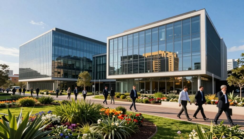 A modern office complex along Kyalami Boulevard, showcasing sleek glass buildings with contemporary architecture. In the foreground, a manicured landscape with lush greenery and decorative flowers, creating a welcoming ambiance. The middle ground features the office buildings, reflecting blue skies and vibrant city life, characterized by large windows and metal accents. People in professional business attire walk purposefully along the pathways, engaged in conversations or on mobile devices, emphasizing a bustling work atmosphere. The background displays a clear blue sky, with the sun casting warm, inviting light, enhancing the setting's dynamic and professional feel. Capture this scene from a slightly elevated angle to provide a comprehensive view of the business park's layout. A modern office complex along Kyalami Boulevard, showcasing sleek glass buildings with contemporary architecture. In the foreground, a manicured landscape with lush greenery and decorative flowers, creating a welcoming ambiance. The middle ground features the office buildings, reflecting blue skies and vibrant city life, characterized by large windows and metal accents. People in professional business attire walk purposefully along the pathways, engaged in conversations or on mobile devices, emphasizing a bustling work atmosphere. The background displays a clear blue sky, with the sun casting warm, inviting light, enhancing the setting's dynamic and professional feel. Capture this scene from a slightly elevated angle to provide a comprehensive view of the business park's layout.