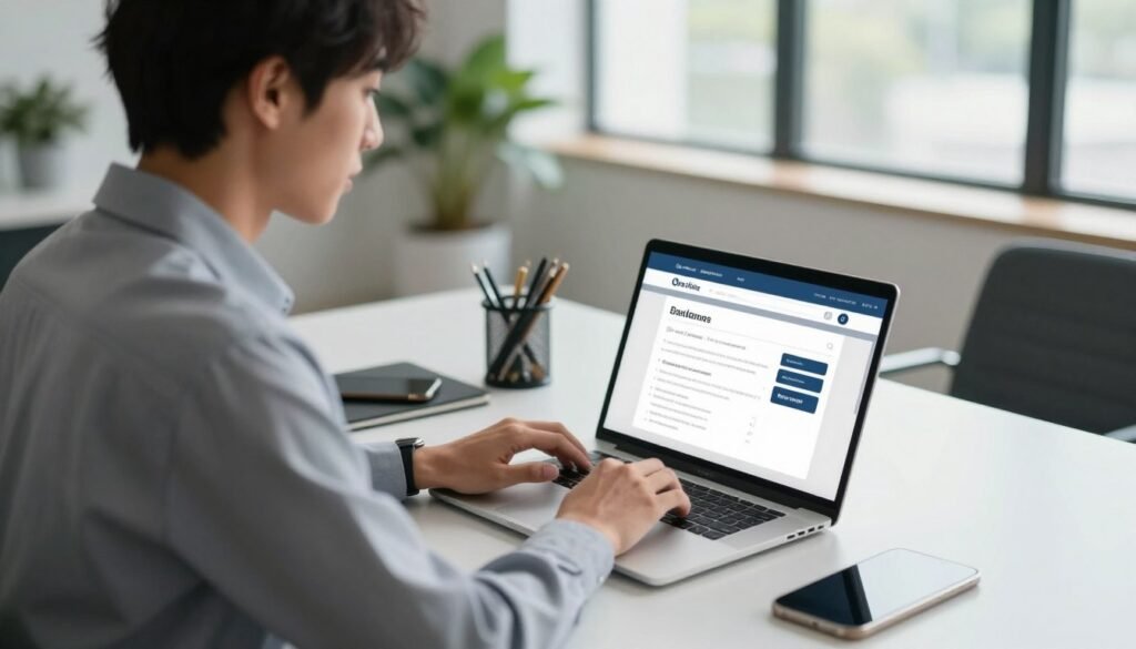 A modern office scene depicting a professional, focused business person in business attire, sitting at a sleek desk, engaging with a laptop displaying a user-friendly online banking interface. In the foreground, the individual appears intent and ready to start their business online journey. The middle ground showcases modern office elements like a smartphone, stationery, and a digital tablet, suggesting a tech-savvy environment. The background features large windows with natural light streaming in, illuminating contemporary office decor with subtle greenery. The atmosphere should feel productive and empowering, highlighting the accessibility and ease of starting online banking services. Use soft, inviting lighting, and a slightly elevated angle to capture the scene effectively without any text or distractions. A modern office scene depicting a professional, focused business person in business attire, sitting at a sleek desk, engaging with a laptop displaying a user-friendly online banking interface. In the foreground, the individual appears intent and ready to start their business online journey. The middle ground showcases modern office elements like a smartphone, stationery, and a digital tablet, suggesting a tech-savvy environment. The background features large windows with natural light streaming in, illuminating contemporary office decor with subtle greenery. The atmosphere should feel productive and empowering, highlighting the accessibility and ease of starting online banking services. Use soft, inviting lighting, and a slightly elevated angle to capture the scene effectively without any text or distractions.