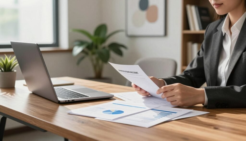 A modern office setting, featuring a sleek wooden desk with a laptop open and financial documents neatly arranged. In the foreground, a professional person in business attire, either typing on the laptop or reviewing paperwork. The middle ground includes a stylish chair and a potted plant, adding a touch of greenery. Natural light pours in through a large window, creating a warm and inviting atmosphere. In the background, a minimalist design with abstract art on the walls and a bookshelf filled with business books. The overall mood is focused and professional, emphasizing the importance of opening a business bank account in a contemporary environment. A modern office setting, featuring a sleek wooden desk with a laptop open and financial documents neatly arranged. In the foreground, a professional person in business attire, either typing on the laptop or reviewing paperwork. The middle ground includes a stylish chair and a potted plant, adding a touch of greenery. Natural light pours in through a large window, creating a warm and inviting atmosphere. In the background, a minimalist design with abstract art on the walls and a bookshelf filled with business books. The overall mood is focused and professional, emphasizing the importance of opening a business bank account in a contemporary environment.
