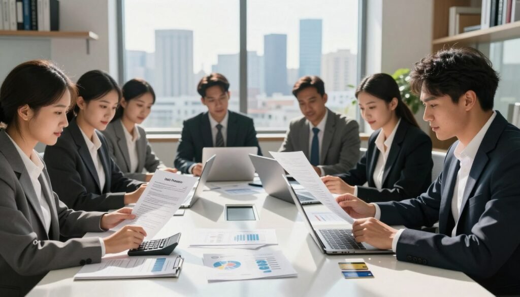 A modern office setting with a focus on debt financing. In the foreground, a diverse group of professionals in smart business attire, seated around a glossy conference table, reviewing loan documents and charts on laptops. In the middle ground, a large window reveals a bustling city skyline, symbolizing economic activity. On the table, prominently displayed financial papers, calculators, and credit cards arranged neatly. The lighting is bright and natural, casting soft shadows, suggesting a productive and hopeful atmosphere. The background features shelves lined with books on finance and business growth. Capture a sense of collaboration and ambition, highlighting the theme of loans and credit facilities. A modern office setting with a focus on debt financing. In the foreground, a diverse group of professionals in smart business attire, seated around a glossy conference table, reviewing loan documents and charts on laptops. In the middle ground, a large window reveals a bustling city skyline, symbolizing economic activity. On the table, prominently displayed financial papers, calculators, and credit cards arranged neatly. The lighting is bright and natural, casting soft shadows, suggesting a productive and hopeful atmosphere. The background features shelves lined with books on finance and business growth. Capture a sense of collaboration and ambition, highlighting the theme of loans and credit facilities.
