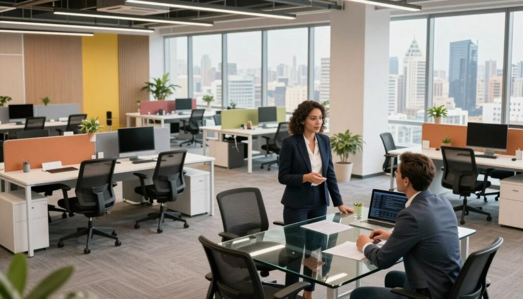 A modern office space designed for flexibility, showcasing various unit sizes tailored for different business needs. In the foreground, a professional businesswoman in a smart blazer stands confidently, discussing plans with a colleague at a sleek glass table. In the middle ground, diverse workstations of varying sizes are arranged creatively, featuring ergonomic furniture and vibrant decor. The background reveals large windows that flood the scene with natural light, offering a panoramic view of a bustling Cairo skyline. The atmosphere is vibrant and energetic, reflecting innovation and collaboration. Capture this scene with a wide-angle lens to emphasize depth, ensuring soft, even lighting enhances the professionalism of the environment. A modern office space designed for flexibility, showcasing various unit sizes tailored for different business needs. In the foreground, a professional businesswoman in a smart blazer stands confidently, discussing plans with a colleague at a sleek glass table. In the middle ground, diverse workstations of varying sizes are arranged creatively, featuring ergonomic furniture and vibrant decor. The background reveals large windows that flood the scene with natural light, offering a panoramic view of a bustling Cairo skyline. The atmosphere is vibrant and energetic, reflecting innovation and collaboration. Capture this scene with a wide-angle lens to emphasize depth, ensuring soft, even lighting enhances the professionalism of the environment.