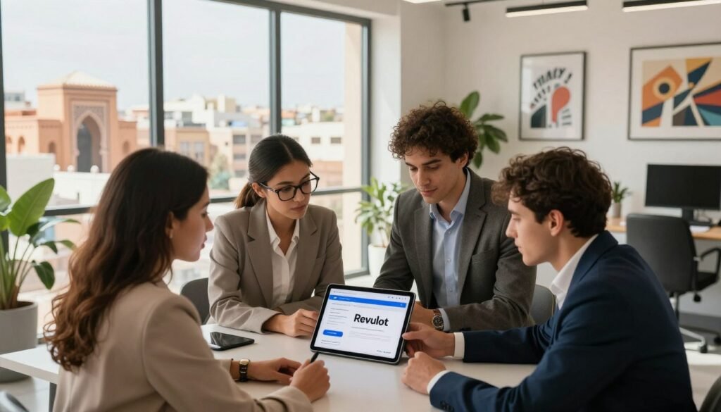A modern office space in Morocco focused on starting a business account with Revolut. In the foreground, a diverse group of professionals dressed in smart business attire are gathered around a sleek table, examining a tablet displaying the Revolut interface. The middle ground features a large window overlooking a vibrant cityscape with Moroccan architectural elements. The background presents a clean and contemporary office design with plants and motivational art, enhancing productivity. Soft, natural lighting streams through the window, creating a warm and inviting atmosphere. Capture this scene from a slightly elevated angle, emphasizing teamwork and collaboration as they navigate the financial solutions offered by Revolut. A modern office space in Morocco focused on starting a business account with Revolut. In the foreground, a diverse group of professionals dressed in smart business attire are gathered around a sleek table, examining a tablet displaying the Revolut interface. The middle ground features a large window overlooking a vibrant cityscape with Moroccan architectural elements. The background presents a clean and contemporary office design with plants and motivational art, enhancing productivity. Soft, natural lighting streams through the window, creating a warm and inviting atmosphere. Capture this scene from a slightly elevated angle, emphasizing teamwork and collaboration as they navigate the financial solutions offered by Revolut.