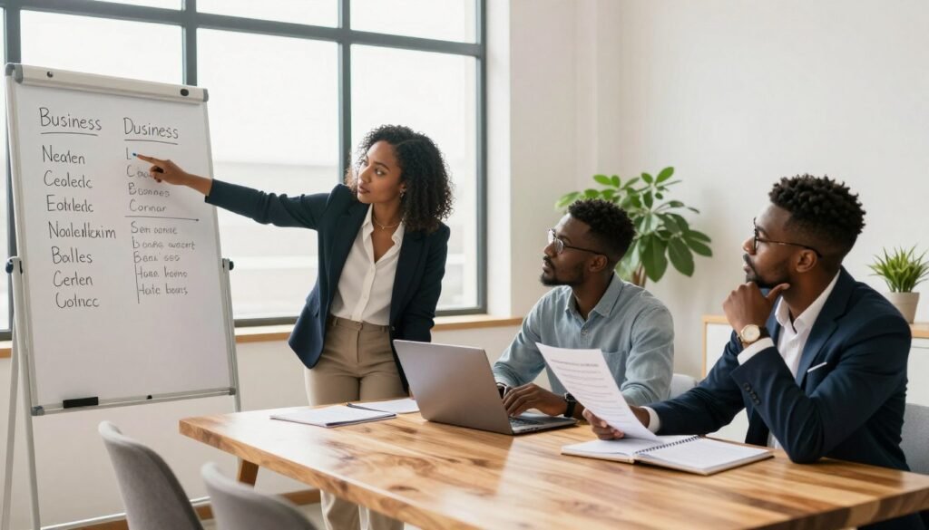 A modern workspace featuring a diverse group of three Nigerian entrepreneurs gathered around a large, sleek wooden table. In the foreground, one entrepreneur, a woman in business attire, is enthusiastically pointing at a whiteboard filled with creative business name ideas. Beside her, a man in a smart casual outfit takes notes on a laptop, while a second man, dressed in formal business wear, looks thoughtfully at a printed list of potential names. The middle ground includes a large window allowing natural light to flood the room, casting soft shadows. In the background, a few potted plants add a touch of greenery, creating an inspiring and collaborative atmosphere. The overall mood is one of excitement and creativity, emphasizing the process of testing and finalizing business names. A modern workspace featuring a diverse group of three Nigerian entrepreneurs gathered around a large, sleek wooden table. In the foreground, one entrepreneur, a woman in business attire, is enthusiastically pointing at a whiteboard filled with creative business name ideas. Beside her, a man in a smart casual outfit takes notes on a laptop, while a second man, dressed in formal business wear, looks thoughtfully at a printed list of potential names. The middle ground includes a large window allowing natural light to flood the room, casting soft shadows. In the background, a few potted plants add a touch of greenery, creating an inspiring and collaborative atmosphere. The overall mood is one of excitement and creativity, emphasizing the process of testing and finalizing business names.