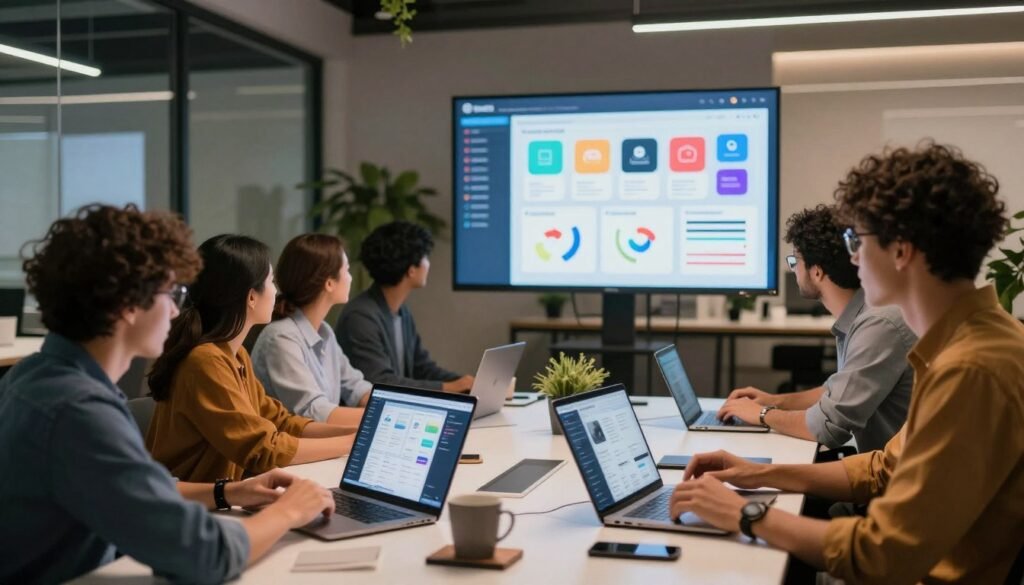 A modern workspace symbolizing app and web-based technology services. In the foreground, a diverse group of professionals in smart casual attire, collaborating around a sleek, high-tech table with digital devices and laptops displaying app interfaces. The middle ground features a large screen showcasing a colorful dashboard filled with analytics, apps, and web designs. The background reveals a contemporary office setting with glass walls, greenery, and a soft digital glow, indicating innovation. Use warm lighting for a welcoming atmosphere, with a slight tilt-angle perspective to create depth. The mood is dynamic and inspiring, reflecting entrepreneurial spirit and technological advancement. No text or branding elements present. A modern workspace symbolizing app and web-based technology services. In the foreground, a diverse group of professionals in smart casual attire, collaborating around a sleek, high-tech table with digital devices and laptops displaying app interfaces. The middle ground features a large screen showcasing a colorful dashboard filled with analytics, apps, and web designs. The background reveals a contemporary office setting with glass walls, greenery, and a soft digital glow, indicating innovation. Use warm lighting for a welcoming atmosphere, with a slight tilt-angle perspective to create depth. The mood is dynamic and inspiring, reflecting entrepreneurial spirit and technological advancement. No text or branding elements present.