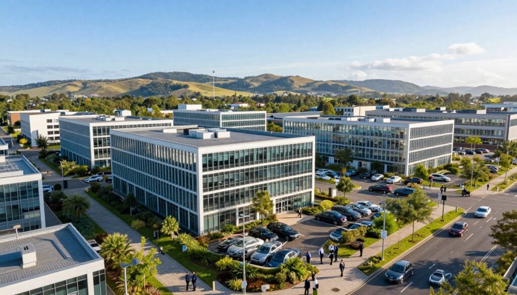 A panoramic view of Brackengate Business Park, showcasing strategically located commercial properties. In the foreground, pristine, modern office buildings with reflective glass facades, surrounded by lush green landscaping and well-maintained walking paths. In the middle ground, a bustling parking lot with a mix of cars and professionals in business attire engaging in discussions. The background features rolling hills and a clear blue sky, emphasizing the park's accessibility and openness. The scene is bathed in warm afternoon sunlight, creating a bright and inviting atmosphere. Capture the essence of a thriving business environment with a wide-angle lens to enhance the depth, ensuring a sense of dynamic activity and opportunity. A panoramic view of Brackengate Business Park, showcasing strategically located commercial properties. In the foreground, pristine, modern office buildings with reflective glass facades, surrounded by lush green landscaping and well-maintained walking paths. In the middle ground, a bustling parking lot with a mix of cars and professionals in business attire engaging in discussions. The background features rolling hills and a clear blue sky, emphasizing the park's accessibility and openness. The scene is bathed in warm afternoon sunlight, creating a bright and inviting atmosphere. Capture the essence of a thriving business environment with a wide-angle lens to enhance the depth, ensuring a sense of dynamic activity and opportunity.