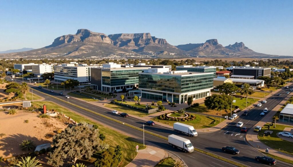 A panoramic view of Kya Sands Business Park, emphasizing its strategic location with major transport routes. In the foreground, a well-maintained road system with vehicles, including delivery trucks and business cars, demonstrates accessibility. In the middle, modern business buildings with glass facades reflect sunlight, surrounded by landscaped areas and greenery, showcasing a vibrant office environment. The background features distant mountains under a clear blue sky, symbolizing South Africa's natural beauty. The scene is lit with warm afternoon sunlight, creating an uplifting and professional atmosphere. Capture this with a wide-angle lens to enhance the sense of depth and openness, ensuring the image evokes a mood of opportunity and connectivity. A panoramic view of Kya Sands Business Park, emphasizing its strategic location with major transport routes. In the foreground, a well-maintained road system with vehicles, including delivery trucks and business cars, demonstrates accessibility. In the middle, modern business buildings with glass facades reflect sunlight, surrounded by landscaped areas and greenery, showcasing a vibrant office environment. The background features distant mountains under a clear blue sky, symbolizing South Africa's natural beauty. The scene is lit with warm afternoon sunlight, creating an uplifting and professional atmosphere. Capture this with a wide-angle lens to enhance the sense of depth and openness, ensuring the image evokes a mood of opportunity and connectivity.