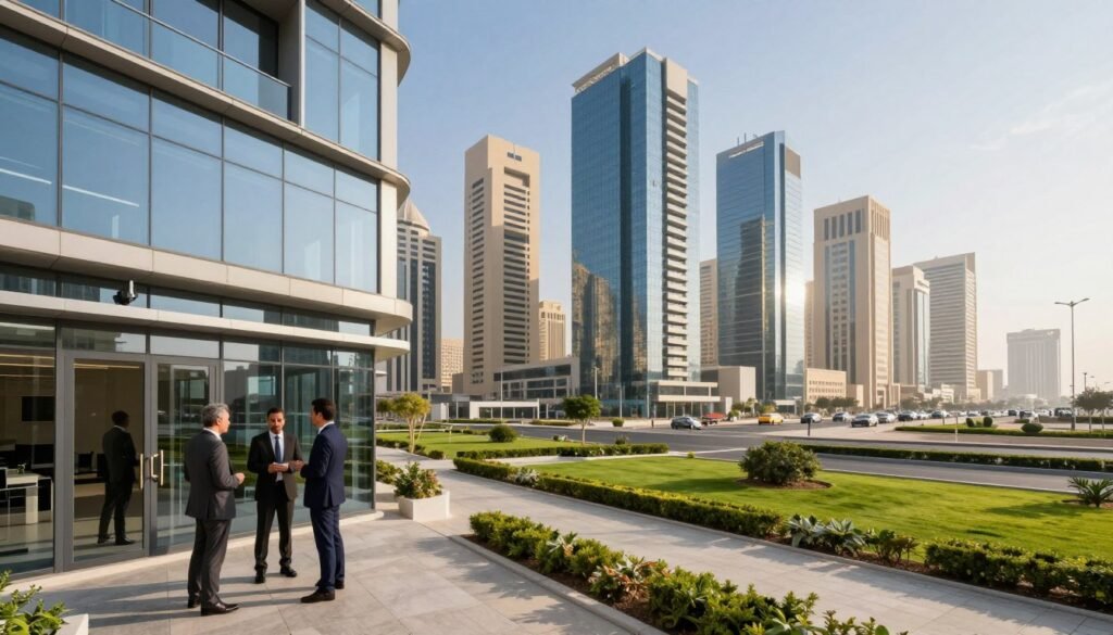 A panoramic view of New Cairo's Golden Square, showcasing a modern business district with sleek buildings reflecting contemporary architecture. In the foreground, well-dressed professionals engage in conversation outside a glass-fronted office, exuding a sense of collaboration and opportunity. The middle ground features vibrant green spaces and landscaped gardens, enhancing the inviting atmosphere. The background highlights iconic skyscrapers adorned with glass facades and balconies, set against a clear blue sky. Soft morning sunlight bathes the scene, casting gentle shadows and creating a warm, optimistic mood. The angle is slightly elevated to capture the thriving environment, emphasizing the strategic location of Mivida Business Park within this dynamic urban landscape. A panoramic view of New Cairo's Golden Square, showcasing a modern business district with sleek buildings reflecting contemporary architecture. In the foreground, well-dressed professionals engage in conversation outside a glass-fronted office, exuding a sense of collaboration and opportunity. The middle ground features vibrant green spaces and landscaped gardens, enhancing the inviting atmosphere. The background highlights iconic skyscrapers adorned with glass facades and balconies, set against a clear blue sky. Soft morning sunlight bathes the scene, casting gentle shadows and creating a warm, optimistic mood. The angle is slightly elevated to capture the thriving environment, emphasizing the strategic location of Mivida Business Park within this dynamic urban landscape.