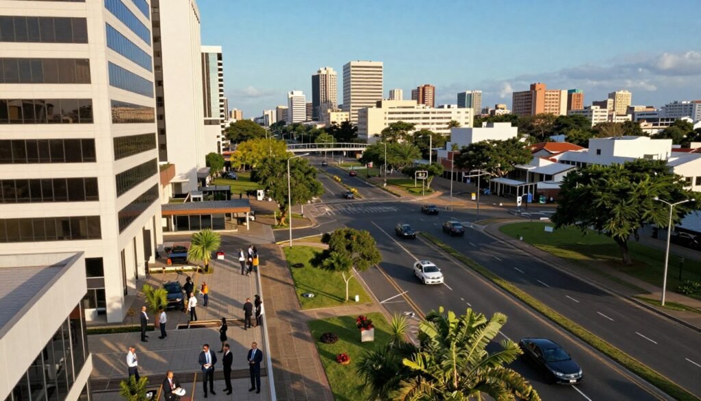 A panoramic view of Umgeni Road showcasing its strategic connectivity, featuring a bustling business park in the foreground with modern, sleek buildings and professional individuals in business attire engaging in conversation. The middle ground includes a well-maintained road lined with trees, leading to an accessible interchange, symbolizing unmatched accessibility. In the background, a clear blue sky contrasts with the vibrant cityscape, highlighting the synergy between nature and urban development. The lighting is warm and inviting, casting soft shadows that add depth, with a slight tilt from a drone’s perspective to emphasize the layout of the area. The overall mood is dynamic and forward-looking, representing an ideal location for business growth. A panoramic view of Umgeni Road showcasing its strategic connectivity, featuring a bustling business park in the foreground with modern, sleek buildings and professional individuals in business attire engaging in conversation. The middle ground includes a well-maintained road lined with trees, leading to an accessible interchange, symbolizing unmatched accessibility. In the background, a clear blue sky contrasts with the vibrant cityscape, highlighting the synergy between nature and urban development. The lighting is warm and inviting, casting soft shadows that add depth, with a slight tilt from a drone’s perspective to emphasize the layout of the area. The overall mood is dynamic and forward-looking, representing an ideal location for business growth.