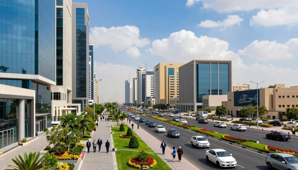 A panoramic view of the 26th July Corridor in Sheikh Zayed City, showcasing its strategic significance. In the foreground, modern office buildings with sleek glass facades reflecting sunlight, and well-manicured landscapes with lush greenery and vibrant flower beds. In the middle ground, busy streets filled with vehicles and pedestrians, some dressed in professional business attire, highlighting the area's commercial vibrancy. The background captures a clear blue sky with soft white clouds, and the silhouette of distant skyscrapers representing the urban skyline. The lighting is bright and welcoming, emphasizing a sense of prosperity and opportunity, with a balanced composition that conveys a thriving business environment. A panoramic view of the 26th July Corridor in Sheikh Zayed City, showcasing its strategic significance. In the foreground, modern office buildings with sleek glass facades reflecting sunlight, and well-manicured landscapes with lush greenery and vibrant flower beds. In the middle ground, busy streets filled with vehicles and pedestrians, some dressed in professional business attire, highlighting the area's commercial vibrancy. The background captures a clear blue sky with soft white clouds, and the silhouette of distant skyscrapers representing the urban skyline. The lighting is bright and welcoming, emphasizing a sense of prosperity and opportunity, with a balanced composition that conveys a thriving business environment.