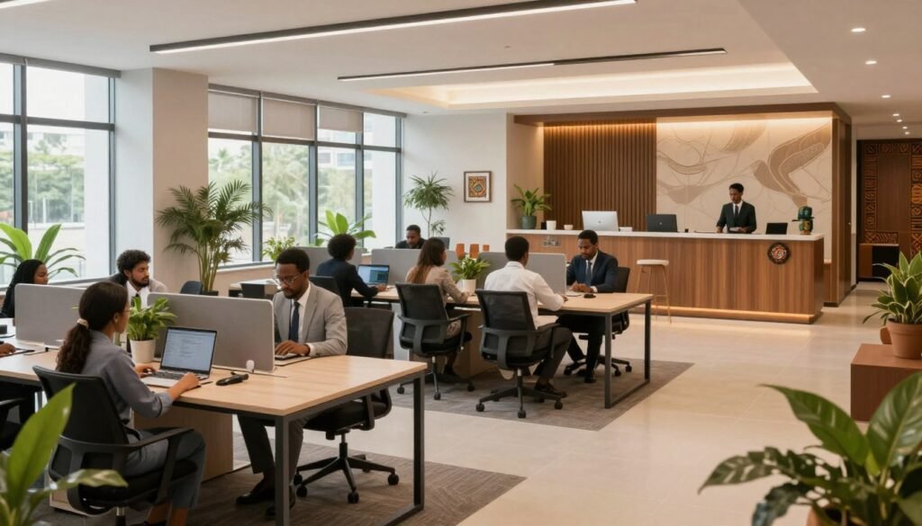 A polished modern business center in Nigeria showcasing flexible workspace solutions, with private offices and collaborative coworking areas. In the foreground, a stylish, well-appointed private office with sleek furniture, large windows allowing natural light, and greenery. The middle section features a vibrant coworking space filled with diverse professionals in business attire, focused on work and collaboration. The background includes an inviting reception area with contemporary design elements, a warm color palette, and subtle African-inspired decor. The lighting is bright and uplifting, creating a professional yet relaxed atmosphere. Use a slightly elevated angle to capture the expanse of the space, ensuring a clear view of both the private and shared work areas, evoking a sense of productivity and innovation. A polished modern business center in Nigeria showcasing flexible workspace solutions, with private offices and collaborative coworking areas. In the foreground, a stylish, well-appointed private office with sleek furniture, large windows allowing natural light, and greenery. The middle section features a vibrant coworking space filled with diverse professionals in business attire, focused on work and collaboration. The background includes an inviting reception area with contemporary design elements, a warm color palette, and subtle African-inspired decor. The lighting is bright and uplifting, creating a professional yet relaxed atmosphere. Use a slightly elevated angle to capture the expanse of the space, ensuring a clear view of both the private and shared work areas, evoking a sense of productivity and innovation.