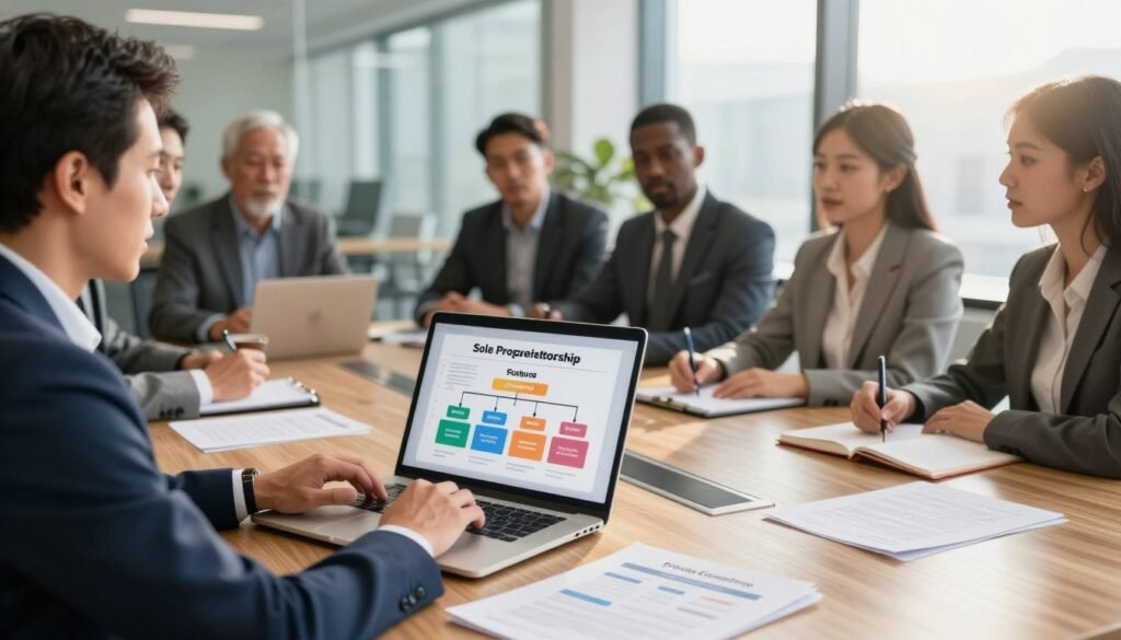A professional business consultant in smart attire, seated at a sleek wooden conference table covered with documents depicting various business structures (e.g., Sole Proprietorship, Partnership, Private Company) in South Africa. In the foreground, a close-up of a laptop displaying a vibrant infographic showcasing pros and cons of each structure. In the middle ground, the consultant is animatedly discussing options with a diverse group of businesspeople, dressed in formal attire, sitting around the table, taking notes. The background reveals a modern office environment with large windows, bright sunlight streaming in, creating an uplifting and motivational atmosphere. The lens captures the scene with a slight depth of field, emphasizing focus on the group while softly blurring the office's details. The mood is professional, engaging, and informative. A professional business consultant in smart attire, seated at a sleek wooden conference table covered with documents depicting various business structures (e.g., Sole Proprietorship, Partnership, Private Company) in South Africa. In the foreground, a close-up of a laptop displaying a vibrant infographic showcasing pros and cons of each structure. In the middle ground, the consultant is animatedly discussing options with a diverse group of businesspeople, dressed in formal attire, sitting around the table, taking notes. The background reveals a modern office environment with large windows, bright sunlight streaming in, creating an uplifting and motivational atmosphere. The lens captures the scene with a slight depth of field, emphasizing focus on the group while softly blurring the office's details. The mood is professional, engaging, and informative.