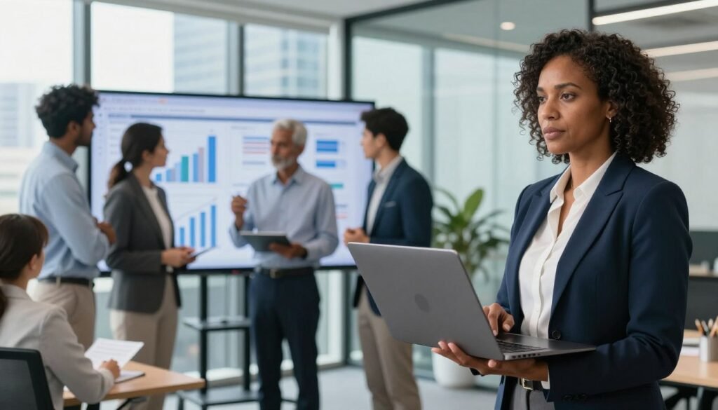 A professional business manager standing in an office environment, engaged in a discussion with colleagues. The foreground features the manager, a middle-aged Black woman in a smart business suit, holding a laptop, with a focused expression on her face. In the middle ground, diverse colleagues (a South Asian man and a Caucasian woman) can be seen reviewing financial charts on a large screen, dressed in professional attire. The background shows a modern office space with glass walls and city skyline views, bathed in natural light. The atmosphere is collaborative and dynamic, reflecting the aspirations of career advancement and salary expectations in the business sector. The image is well-lit, with soft shadows creating depth. A professional business manager standing in an office environment, engaged in a discussion with colleagues. The foreground features the manager, a middle-aged Black woman in a smart business suit, holding a laptop, with a focused expression on her face. In the middle ground, diverse colleagues (a South Asian man and a Caucasian woman) can be seen reviewing financial charts on a large screen, dressed in professional attire. The background shows a modern office space with glass walls and city skyline views, bathed in natural light. The atmosphere is collaborative and dynamic, reflecting the aspirations of career advancement and salary expectations in the business sector. The image is well-lit, with soft shadows creating depth.