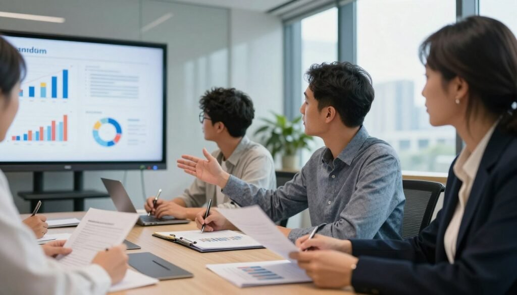 A professional business setting depicting a diverse group of entrepreneurs collaborating around a conference table. In the foreground, focus on a middle-aged woman in a smart blazer, reviewing financial documents, with graphs and charts projected on a screen behind her. In the middle ground, a young man with glasses is taking notes, while another entrepreneur in a stylish shirt gestures towards the screen, illustrating innovative funding strategies. The background shows a bright, modern office with large windows letting in natural light, reflecting a busy cityscape outside. The overall mood is focused and empowering, emphasizing teamwork and determination in navigating the complexities of funding and capital access. The image should have a clean, professional aesthetic with clear details and a soft, warm lighting to create an inviting atmosphere. A professional business setting depicting a diverse group of entrepreneurs collaborating around a conference table. In the foreground, focus on a middle-aged woman in a smart blazer, reviewing financial documents, with graphs and charts projected on a screen behind her. In the middle ground, a young man with glasses is taking notes, while another entrepreneur in a stylish shirt gestures towards the screen, illustrating innovative funding strategies. The background shows a bright, modern office with large windows letting in natural light, reflecting a busy cityscape outside. The overall mood is focused and empowering, emphasizing teamwork and determination in navigating the complexities of funding and capital access. The image should have a clean, professional aesthetic with clear details and a soft, warm lighting to create an inviting atmosphere.