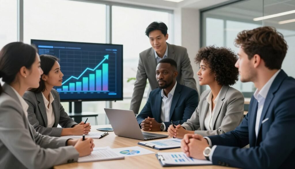 A professional business setting depicting the theme of growth financing. In the foreground, a diverse group of business professionals in smart business attire, including men and women of various ethnicities, is engaged in a discussion around a large table with financial documents and a laptop. In the middle ground, infographics illustrating upward trends and financial graphs are visible on a digital screen. The background features a modern office with large windows letting in natural light, emphasizing a bright, optimistic atmosphere. The lighting is warm and inviting, creating a sense of collaboration and progress. Capture this scene from a slight angle to enhance depth, focusing on expressions of determination and hope, as they strategize on business loans as a crucial tool for growth in Nigeria. A professional business setting depicting the theme of growth financing. In the foreground, a diverse group of business professionals in smart business attire, including men and women of various ethnicities, is engaged in a discussion around a large table with financial documents and a laptop. In the middle ground, infographics illustrating upward trends and financial graphs are visible on a digital screen. The background features a modern office with large windows letting in natural light, emphasizing a bright, optimistic atmosphere. The lighting is warm and inviting, creating a sense of collaboration and progress. Capture this scene from a slight angle to enhance depth, focusing on expressions of determination and hope, as they strategize on business loans as a crucial tool for growth in Nigeria.