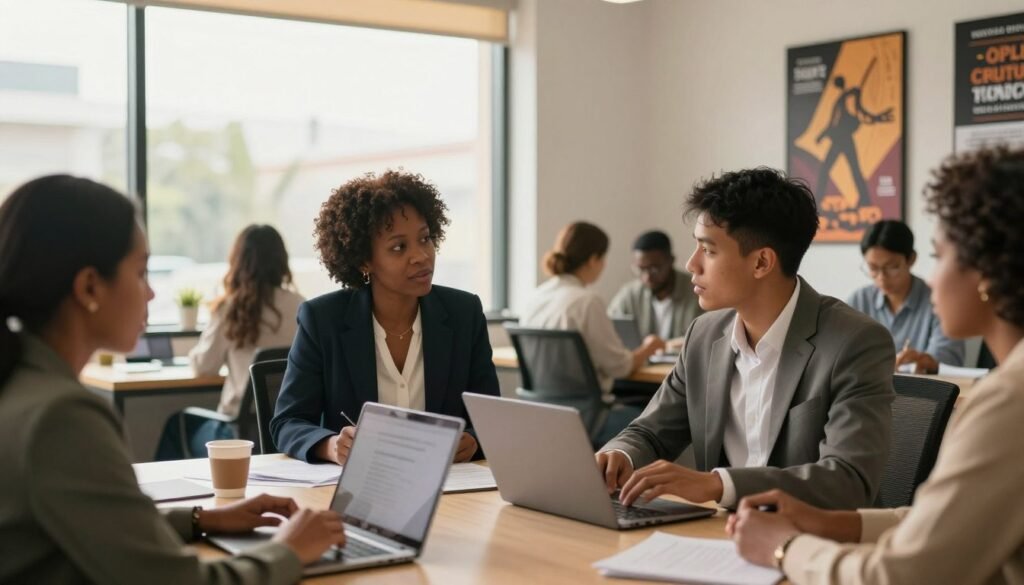 A professional business setting in Nigeria illustrating the application process for business loans. In the foreground, a diverse group of individuals, including a middle-aged Black woman in a smart suit and a young Asian man in business casual, are seated at a table with laptops and documents spread out, engaged in discussion. In the middle ground, a large window lets in warm, natural light, showcasing a modern office with inspirational motivational posters on the walls. In the background, a traditional Nigerian motif subtly blends with contemporary office design. The atmosphere is focused and motivated, highlighting collaboration and professionalism. Capture the scene from a slightly elevated angle to create depth, with soft, diffused lighting for an inviting feel. A professional business setting in Nigeria illustrating the application process for business loans. In the foreground, a diverse group of individuals, including a middle-aged Black woman in a smart suit and a young Asian man in business casual, are seated at a table with laptops and documents spread out, engaged in discussion. In the middle ground, a large window lets in warm, natural light, showcasing a modern office with inspirational motivational posters on the walls. In the background, a traditional Nigerian motif subtly blends with contemporary office design. The atmosphere is focused and motivated, highlighting collaboration and professionalism. Capture the scene from a slightly elevated angle to create depth, with soft, diffused lighting for an inviting feel.