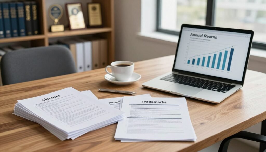 A professional business setting showcasing the concepts of post-registration licenses, trademarks, and annual returns in South Africa. In the foreground, neatly stacked documents labeled "Licenses" and "Trademarks," next to an elegant laptop displaying a graph representing annual returns. The middle ground features a modern wooden desk with a cup of coffee and an in-depth annual return report opened. The background reveals a well-organized office with shelves filled with legal books and business awards, subtly illuminated by natural light coming through a large window. The atmosphere is focused and productive, conveying a sense of professionalism and diligence in managing business registrations. The image should be shot from a slightly elevated angle to capture the various elements effectively, with soft shadows enhancing depth. A professional business setting showcasing the concepts of post-registration licenses, trademarks, and annual returns in South Africa. In the foreground, neatly stacked documents labeled "Licenses" and "Trademarks," next to an elegant laptop displaying a graph representing annual returns. The middle ground features a modern wooden desk with a cup of coffee and an in-depth annual return report opened. The background reveals a well-organized office with shelves filled with legal books and business awards, subtly illuminated by natural light coming through a large window. The atmosphere is focused and productive, conveying a sense of professionalism and diligence in managing business registrations. The image should be shot from a slightly elevated angle to capture the various elements effectively, with soft shadows enhancing depth.