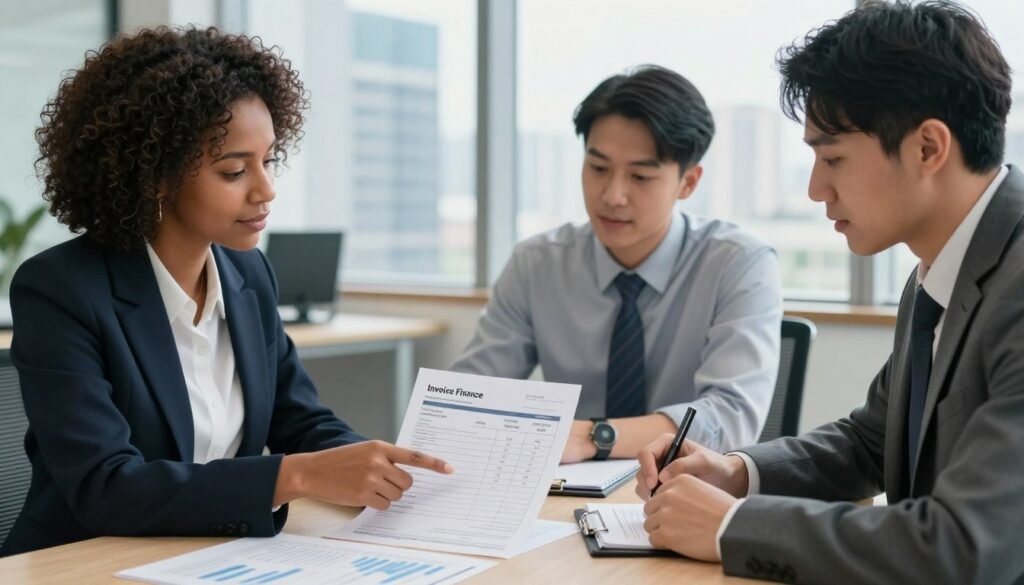 A professional office environment showcasing a diverse group of two businesspeople engaged in a discussion around a table, with invoices and financial documents spread across it. The foreground features a confident Black woman in a smart blazer, pointing at a document, and a focused Asian man in a shirt and tie, taking notes. In the background, a well-lit office with large windows offers a view of a bustling cityscape, symbolizing growth and opportunity. Soft, natural lighting creates an inviting atmosphere, while a subtle depth of field emphasizes the subjects and documents. The overall mood is one of collaboration and empowerment, showcasing the potential of invoice finance for improved cash flow in small businesses. A professional office environment showcasing a diverse group of two businesspeople engaged in a discussion around a table, with invoices and financial documents spread across it. The foreground features a confident Black woman in a smart blazer, pointing at a document, and a focused Asian man in a shirt and tie, taking notes. In the background, a well-lit office with large windows offers a view of a bustling cityscape, symbolizing growth and opportunity. Soft, natural lighting creates an inviting atmosphere, while a subtle depth of field emphasizes the subjects and documents. The overall mood is one of collaboration and empowerment, showcasing the potential of invoice finance for improved cash flow in small businesses.