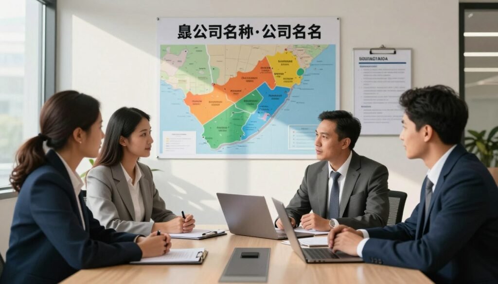 A professional office scene showcasing the process of reserving a company name in South Africa. In the foreground, a diverse group of three business professionals, two men and one woman, are engaged in discussion around a modern conference table. They are dressed in smart business attire, with laptops and documents spread out in front of them. In the middle ground, a wall display features a colorful map of South Africa, highlighting business hubs, while a notice board with pinned guidelines on company registration hangs nearby. The background includes a large window with sunlight streaming in, casting soft shadows, creating a warm and inviting atmosphere. The overall mood is collaborative and focused, with an emphasis on professionalism and legal processes. A professional office scene showcasing the process of reserving a company name in South Africa. In the foreground, a diverse group of three business professionals, two men and one woman, are engaged in discussion around a modern conference table. They are dressed in smart business attire, with laptops and documents spread out in front of them. In the middle ground, a wall display features a colorful map of South Africa, highlighting business hubs, while a notice board with pinned guidelines on company registration hangs nearby. The background includes a large window with sunlight streaming in, casting soft shadows, creating a warm and inviting atmosphere. The overall mood is collaborative and focused, with an emphasis on professionalism and legal processes.