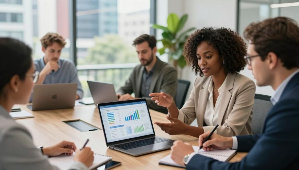 A professional office setting showcasing a diverse group of entrepreneurs engaged in a dynamic discussion over an open laptop, analyzing financial charts and equity funding opportunities. In the foreground, a South African businesswoman in smart attire highlights key data on a digital tablet, while a businessman wearing glasses takes notes. The middle layer features modern office furniture with a large window reflecting a vibrant urban landscape outside, with greenery visible in the background. Soft, diffused natural light pours into the space, creating an atmosphere of collaboration and innovation. Capture this moment with a slightly elevated angle, focusing on the technology and camaraderie in the room. The overall mood is optimistic and forward-looking, emphasizing the concept of trading shares for capital. A professional office setting showcasing a diverse group of entrepreneurs engaged in a dynamic discussion over an open laptop, analyzing financial charts and equity funding opportunities. In the foreground, a South African businesswoman in smart attire highlights key data on a digital tablet, while a businessman wearing glasses takes notes. The middle layer features modern office furniture with a large window reflecting a vibrant urban landscape outside, with greenery visible in the background. Soft, diffused natural light pours into the space, creating an atmosphere of collaboration and innovation. Capture this moment with a slightly elevated angle, focusing on the technology and camaraderie in the room. The overall mood is optimistic and forward-looking, emphasizing the concept of trading shares for capital.