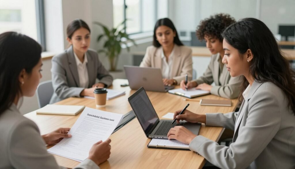 A professional setting featuring a diverse group of women entrepreneurs engaged in a business meeting, discussing plans for securing business loans. In the foreground, a Black woman in a sharp business suit is reviewing documents, while a South Asian woman, also in professional attire, takes notes on a laptop. In the middle ground, a light wooden conference table is adorned with a laptop, financial reports, and coffee cups. The background showcases a modern office with large windows allowing natural light to flood the room, creating a warm and inviting atmosphere. The overall mood is empowering and collaborative, highlighting the importance of supporting women in entrepreneurship. The image should have soft, natural lighting and a slightly elevated angle for a dynamic view of the interaction. A professional setting featuring a diverse group of women entrepreneurs engaged in a business meeting, discussing plans for securing business loans. In the foreground, a Black woman in a sharp business suit is reviewing documents, while a South Asian woman, also in professional attire, takes notes on a laptop. In the middle ground, a light wooden conference table is adorned with a laptop, financial reports, and coffee cups. The background showcases a modern office with large windows allowing natural light to flood the room, creating a warm and inviting atmosphere. The overall mood is empowering and collaborative, highlighting the importance of supporting women in entrepreneurship. The image should have soft, natural lighting and a slightly elevated angle for a dynamic view of the interaction.