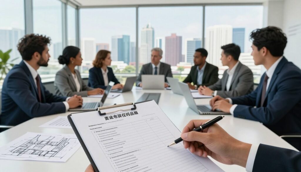 A scenic view of a modern office setting in Nigeria, showcasing a diverse group of professionals in business attire engaged in a discussion around legal documents and property regulations. In the foreground, a pointed focus on a checklist or regulatory documents related to real estate compliance, symbolizing the legal aspects of the property business. In the middle ground, a sleek conference table with laptops open and cityscape sketches illustrating real estate plans. The background features large windows revealing a vibrant Nigerian skyline under bright, sunny lighting, conveying a productive and optimistic atmosphere. The scene is captured with a wide-angle lens to encompass the collaborative spirit and professionalism in navigating legal frameworks. A scenic view of a modern office setting in Nigeria, showcasing a diverse group of professionals in business attire engaged in a discussion around legal documents and property regulations. In the foreground, a pointed focus on a checklist or regulatory documents related to real estate compliance, symbolizing the legal aspects of the property business. In the middle ground, a sleek conference table with laptops open and cityscape sketches illustrating real estate plans. The background features large windows revealing a vibrant Nigerian skyline under bright, sunny lighting, conveying a productive and optimistic atmosphere. The scene is captured with a wide-angle lens to encompass the collaborative spirit and professionalism in navigating legal frameworks.