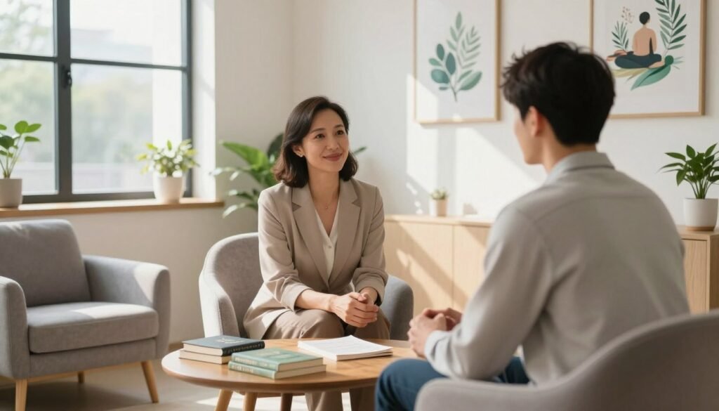 A serene wellness coaching office, featuring a comfortable consultation area with plush chairs and a wooden table adorned with motivational wellness books. In the foreground, a professional wellness coach, a middle-aged woman in modest business attire, is engaged in a one-on-one session with a client, a young adult male in smart casual wear. Natural light pours through large windows, illuminating the space and casting soft shadows. On the wall, there are inspirational artwork pieces depicting nature and wellness themes. The background includes plants that enhance a calming atmosphere. The overall mood is positive and inviting, reflecting a strong sense of health and coaching. A serene wellness coaching office, featuring a comfortable consultation area with plush chairs and a wooden table adorned with motivational wellness books. In the foreground, a professional wellness coach, a middle-aged woman in modest business attire, is engaged in a one-on-one session with a client, a young adult male in smart casual wear. Natural light pours through large windows, illuminating the space and casting soft shadows. On the wall, there are inspirational artwork pieces depicting nature and wellness themes. The background includes plants that enhance a calming atmosphere. The overall mood is positive and inviting, reflecting a strong sense of health and coaching.