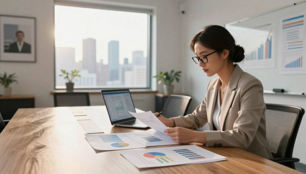 A sleek, modern office setting with a large wooden conference table in the foreground, covered with realistic financial documents, colorful graphs, and laptops displaying spreadsheets. A professional woman in modest business attire, with glasses, is seated at the table, intently reviewing charts. In the background, a large window reveals a city skyline, bathed in warm, natural sunlight that creates an inviting atmosphere. The walls are adorned with motivational business art and a whiteboard filled with financial metrics. The scene captures focus and determination, showcasing the essence of creating realistic financial projections essential for business planning. The overall mood is professional and inspiring, encouraging entrepreneurs to engage with their financial strategies. A sleek, modern office setting with a large wooden conference table in the foreground, covered with realistic financial documents, colorful graphs, and laptops displaying spreadsheets. A professional woman in modest business attire, with glasses, is seated at the table, intently reviewing charts. In the background, a large window reveals a city skyline, bathed in warm, natural sunlight that creates an inviting atmosphere. The walls are adorned with motivational business art and a whiteboard filled with financial metrics. The scene captures focus and determination, showcasing the essence of creating realistic financial projections essential for business planning. The overall mood is professional and inspiring, encouraging entrepreneurs to engage with their financial strategies.
