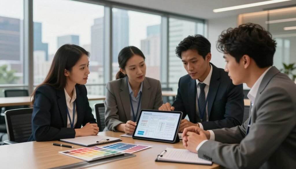 A sophisticated corporate event planning scene set in a modern conference room. In the foreground, a diverse group of three professionals, dressed in smart business attire, are engaged in a lively discussion while reviewing a tablet filled with event schematics. The middle ground showcases an elegant table adorned with notepads, pens, and a color palette for decoration choices. In the background, large glass windows reveal a panoramic view of a bustling city skyline, bathed in warm natural light that creates a productive atmosphere. Soft, ambient lighting adds a professional yet inviting touch to the space, emphasizing collaboration and innovation in corporate experience services. The overall mood is dynamic and focused, encapsulating the essence of event planning in the corporate sector. A sophisticated corporate event planning scene set in a modern conference room. In the foreground, a diverse group of three professionals, dressed in smart business attire, are engaged in a lively discussion while reviewing a tablet filled with event schematics. The middle ground showcases an elegant table adorned with notepads, pens, and a color palette for decoration choices. In the background, large glass windows reveal a panoramic view of a bustling city skyline, bathed in warm natural light that creates a productive atmosphere. Soft, ambient lighting adds a professional yet inviting touch to the space, emphasizing collaboration and innovation in corporate experience services. The overall mood is dynamic and focused, encapsulating the essence of event planning in the corporate sector.