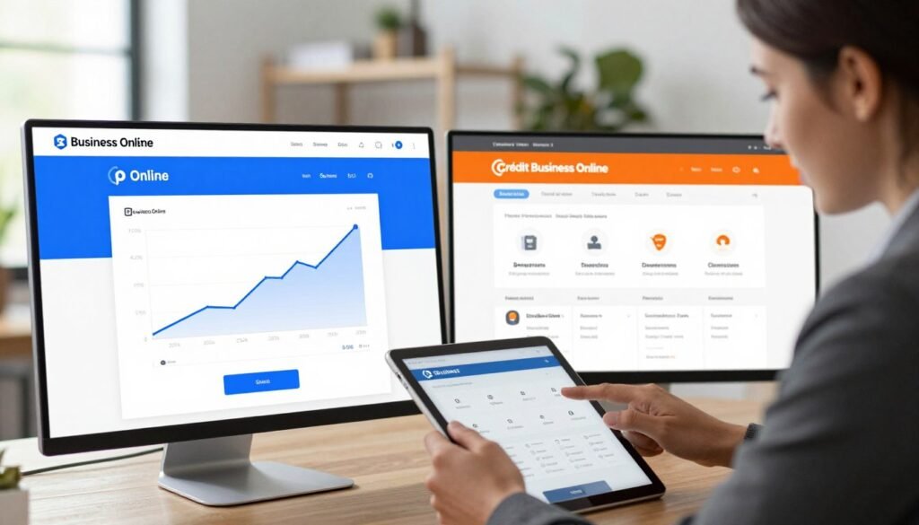 A split-screen image showcasing a comparison between two online banking platforms, Business Online and Crédit Business Online. On the left side, depict a sleek, modern interface of Business Online featuring vibrant blue and white colors, with graphs and charts illustrating financial growth. On the right, show the Crédit Business Online interface, in warm tones of orange and grey, highlighting user-friendly features. In the foreground, a confident business professional in formal attire interacts with a tablet, analyzing both platforms. The background should be an elegant office environment with soft, natural lighting, creating a professional and focused atmosphere. The overall mood is one of clarity and insight, inviting viewers to explore the advantages of each platform. A split-screen image showcasing a comparison between two online banking platforms, Business Online and Crédit Business Online. On the left side, depict a sleek, modern interface of Business Online featuring vibrant blue and white colors, with graphs and charts illustrating financial growth. On the right, show the Crédit Business Online interface, in warm tones of orange and grey, highlighting user-friendly features. In the foreground, a confident business professional in formal attire interacts with a tablet, analyzing both platforms. The background should be an elegant office environment with soft, natural lighting, creating a professional and focused atmosphere. The overall mood is one of clarity and insight, inviting viewers to explore the advantages of each platform.