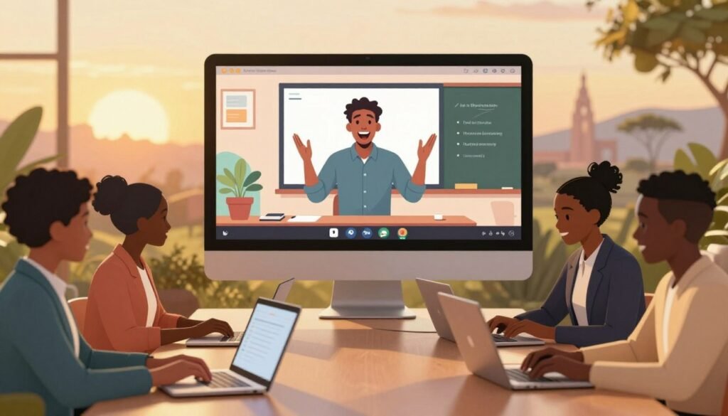 A vibrant and engaging illustration of a specialized online education tutoring platform in South Africa. In the foreground, a diverse group of students of various ages, dressed in professional business attire, are attentively interacting with laptops, engaged in virtual lessons. In the middle ground, a large screen displays a colorful and dynamic online classroom environment, featuring an engaging tutor gesturing enthusiastically. The background showcases an African landscape with iconic landmarks subtly silhouetted against a warm, golden sunset, conveying a sense of opportunity and growth. Use soft, natural lighting to create a cozy, inviting atmosphere, while a slight depth of field effect enhances the focus on the students and the screen. The overall mood is one of inspiration and innovation in education. A vibrant and engaging illustration of a specialized online education tutoring platform in South Africa. In the foreground, a diverse group of students of various ages, dressed in professional business attire, are attentively interacting with laptops, engaged in virtual lessons. In the middle ground, a large screen displays a colorful and dynamic online classroom environment, featuring an engaging tutor gesturing enthusiastically. The background showcases an African landscape with iconic landmarks subtly silhouetted against a warm, golden sunset, conveying a sense of opportunity and growth. Use soft, natural lighting to create a cozy, inviting atmosphere, while a slight depth of field effect enhances the focus on the students and the screen. The overall mood is one of inspiration and innovation in education.