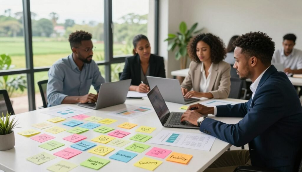 A vibrant and engaging workspace scene depicting industry-specific business name ideas for the Nigerian market. In the foreground, a modern desk cluttered with colorful sticky notes showcasing creative business names, each creatively illustrated to reflect various sectors such as agriculture, technology, fashion, and hospitality. In the middle, a diverse group of professionals—two men and a woman, dressed in smart business attire—are brainstorming around a table filled with charts and laptops. The background features lush greenery outside an office window, symbolizing Nigeria's rich landscape. Soft, natural lighting streams in, creating a warm and inviting atmosphere. Use a shallow depth of field to focus on the brainstorming session while gently blurring the outdoor view. The overall mood is collaborative and innovative, capturing the essence of entrepreneurship in Nigeria. A vibrant and engaging workspace scene depicting industry-specific business name ideas for the Nigerian market. In the foreground, a modern desk cluttered with colorful sticky notes showcasing creative business names, each creatively illustrated to reflect various sectors such as agriculture, technology, fashion, and hospitality. In the middle, a diverse group of professionals—two men and a woman, dressed in smart business attire—are brainstorming around a table filled with charts and laptops. The background features lush greenery outside an office window, symbolizing Nigeria's rich landscape. Soft, natural lighting streams in, creating a warm and inviting atmosphere. Use a shallow depth of field to focus on the brainstorming session while gently blurring the outdoor view. The overall mood is collaborative and innovative, capturing the essence of entrepreneurship in Nigeria.