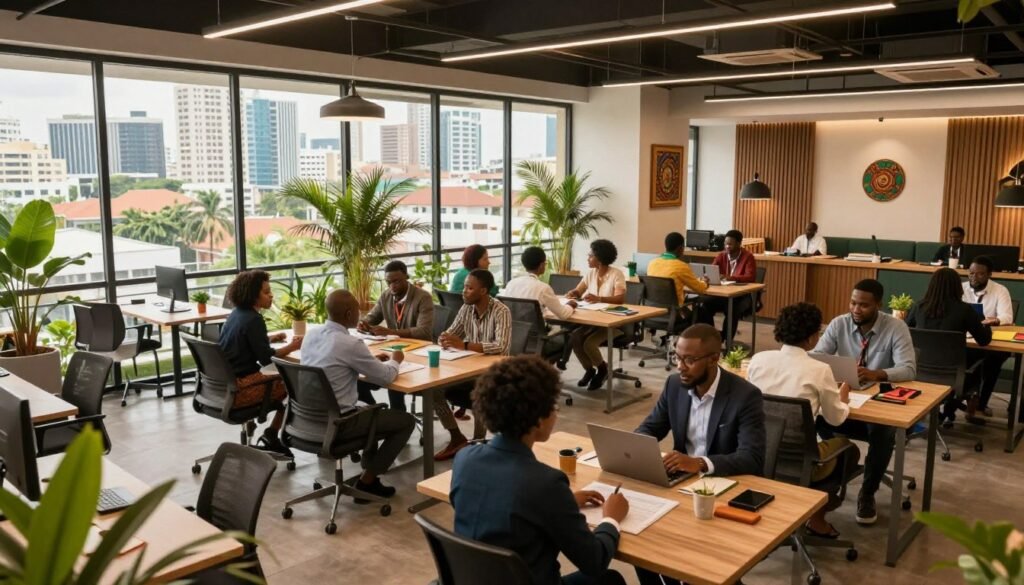 A vibrant and flexible workspace ecosystem in Nigeria, showcasing a modern business center. In the foreground, depict co-working spaces filled with diverse professionals in smart business attire, engaged in discussions and collaborative work. In the middle ground, include stylish meeting rooms with large glass windows, green indoor plants, and creative decor that reflect Nigeria's culture. The background features a panoramic view of Lagos’ skyline with contemporary buildings. Utilize warm, natural lighting to create an inviting atmosphere, capturing the essence of innovation and dynamism in the workspace. The angle should be slightly elevated, providing a comprehensive view of the bustling environment, highlighting both the energy and professionalism inherent in modern business centers.