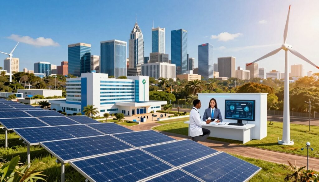 A vibrant and futuristic representation of South Africa's key industries, featuring a dynamic foreground of renewable energy solutions like solar panels and wind turbines. In the middle ground, depict healthcare advancements with modern hospitals and telemedicine setups, showcasing healthcare professionals in professional business attire interacting with digital technology. The background should highlight digital services with a skyline of innovative tech offices and smart cities. Use bright, warm lighting to suggest optimism and growth, with clear blue skies enhancing the scene. Capture a wide-angle perspective that emphasizes the interconnectedness of these industries, creating a harmonious blend of technology and nature in a lively atmosphere that reflects a prosperous future. A vibrant and futuristic representation of South Africa's key industries, featuring a dynamic foreground of renewable energy solutions like solar panels and wind turbines. In the middle ground, depict healthcare advancements with modern hospitals and telemedicine setups, showcasing healthcare professionals in professional business attire interacting with digital technology. The background should highlight digital services with a skyline of innovative tech offices and smart cities. Use bright, warm lighting to suggest optimism and growth, with clear blue skies enhancing the scene. Capture a wide-angle perspective that emphasizes the interconnectedness of these industries, creating a harmonious blend of technology and nature in a lively atmosphere that reflects a prosperous future.